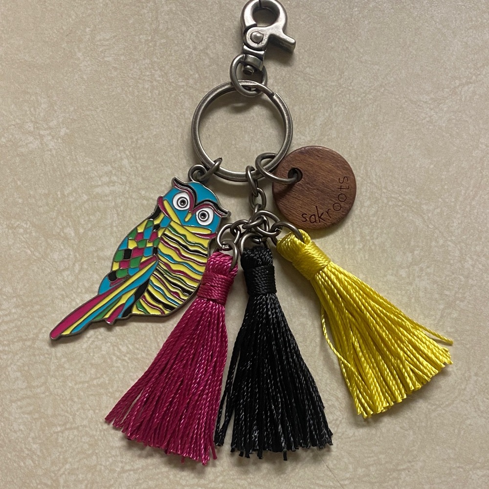 Sakroots Owl Keychain Pink Yellow Black Tassels Boho Chic Island Tropical Charm